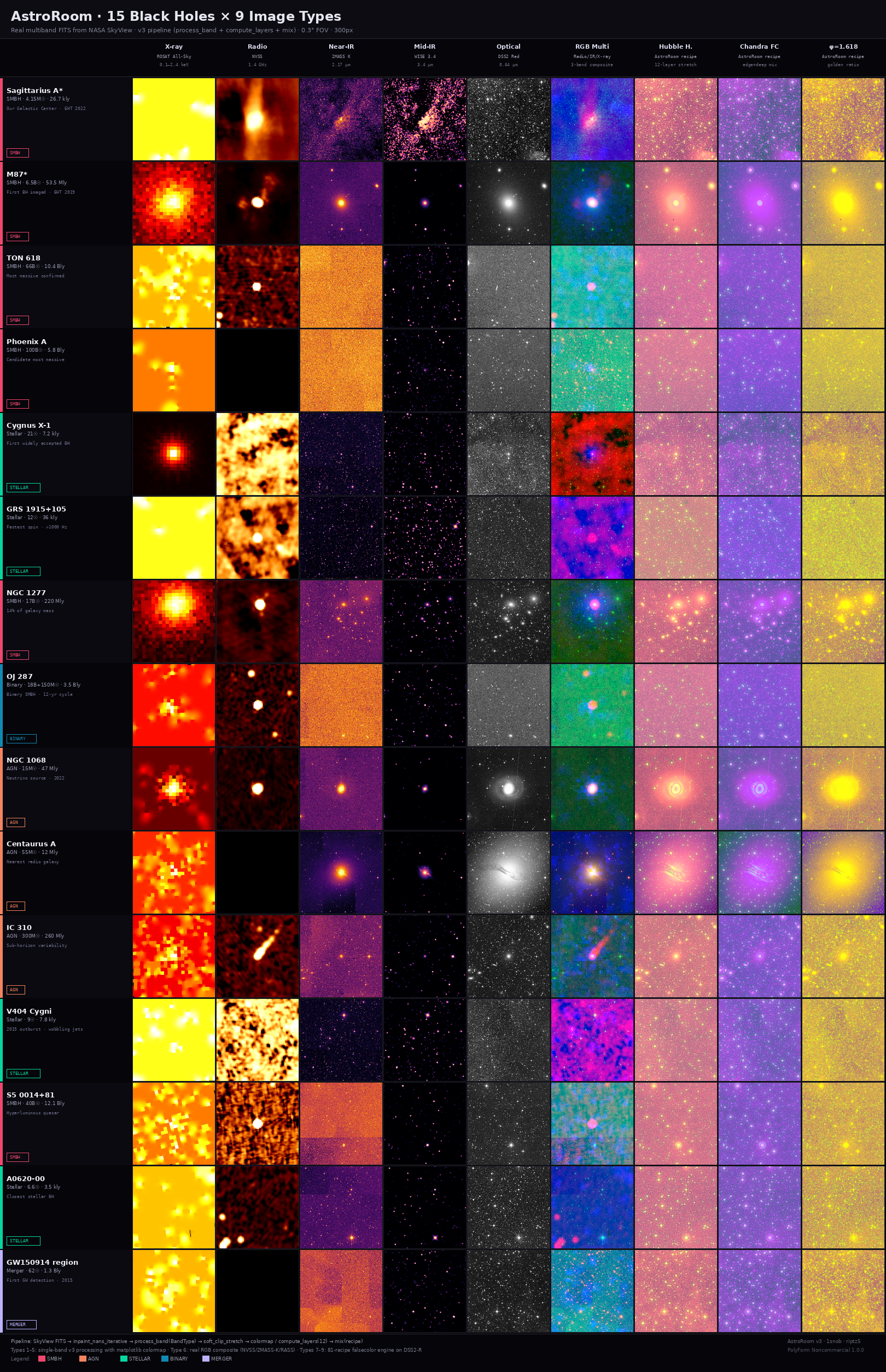 15 black holes, each rendered with 9 volumetric reconstruction styles