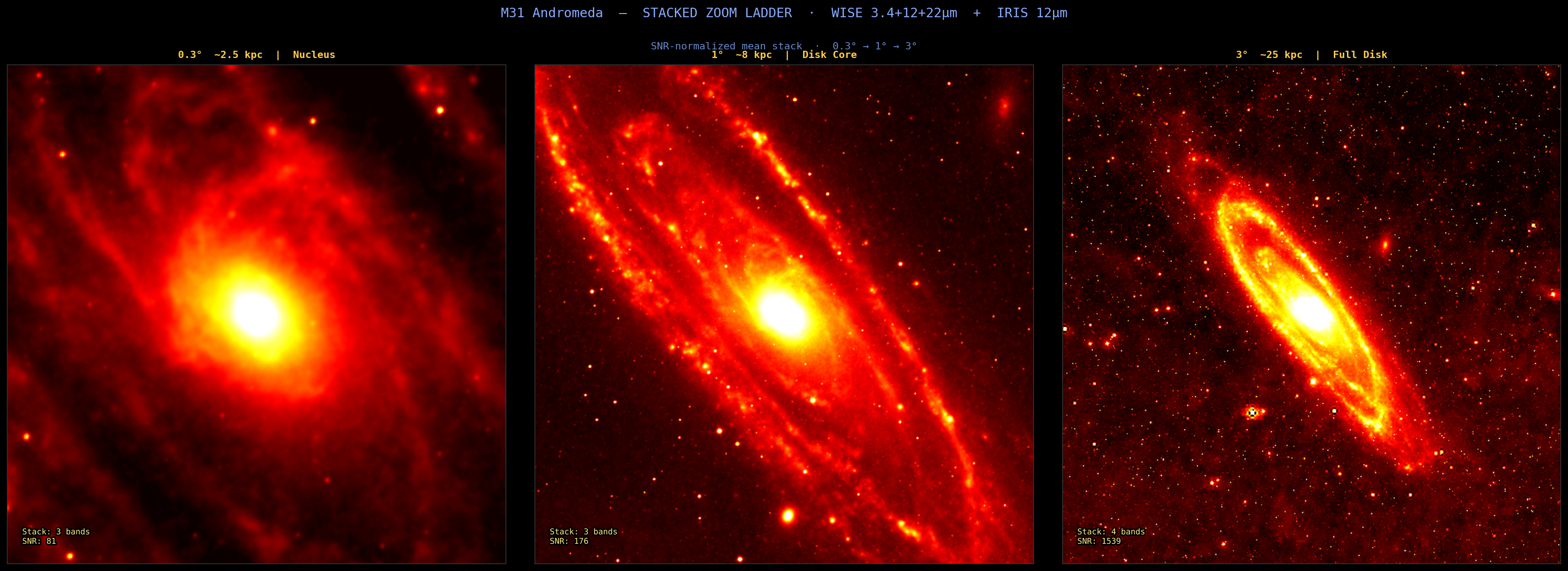 M31 Andromeda — stacked ladder across multiple integration depths